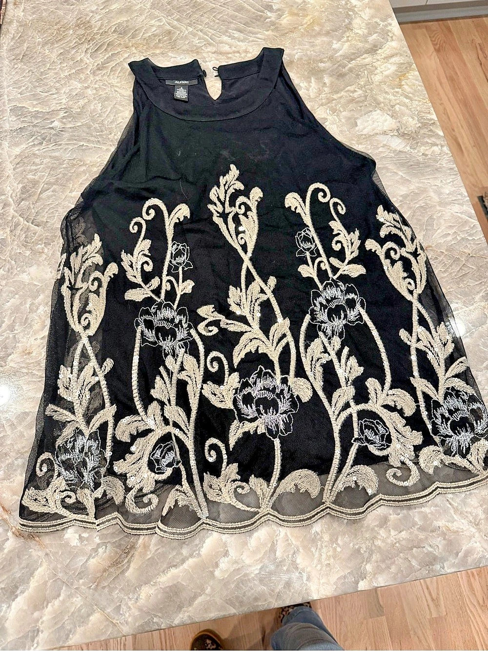 Alfani Embroidered Floral Sequin Mesh Top Black Small